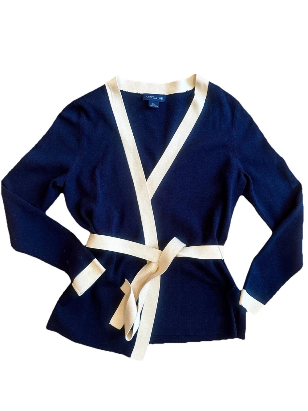 Ann Taylor Silk Blend Navy White Wrap Cardigan NWOT XSP